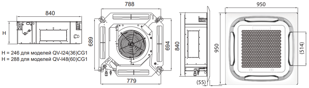 Габаритные размеры внутреннего блока QV-I60CG1/QN-I60UG1/QA-ICP12 QuattroClima