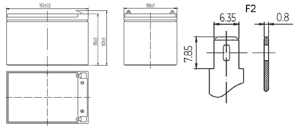 Размеры свинцово-кислотной аккумуляторной батареи HRL1251W MNB Battery