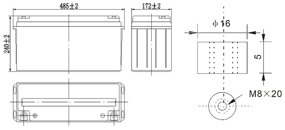 Размеры свинцово-кислотной аккумуляторной батареи MM 150-12 MNB Battery