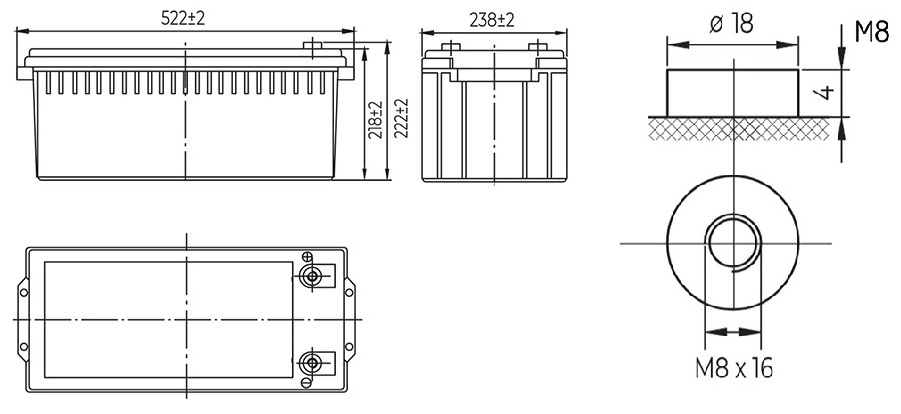 Размеры свинцово-кислотной аккумуляторной батареи MM 200-12 MNB Battery