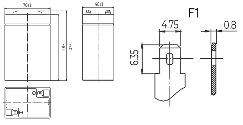 Размеры свинцово-кислотной аккумуляторной батареи MM 6045 MNB Battery