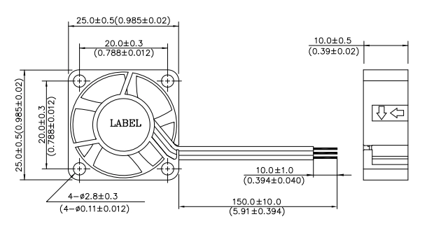 Габаритные размеры вентилятора охлаждения ASB02505MA-A Delta Electronics Габаритные размеры вентилятора охлаждения ASB02505MA-A Delta Electronics