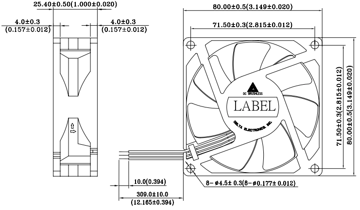 Габаритные размеры вентилятора охлаждения AUB0812H-AF00 Delta Electronics