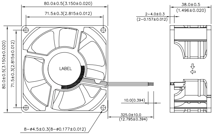 Габаритные размеры вентилятора охлаждения AFB0824GHE-F00 Delta Electronics Габаритные размеры вентилятора охлаждения AFB0824GHE-F00 Delta Electronics