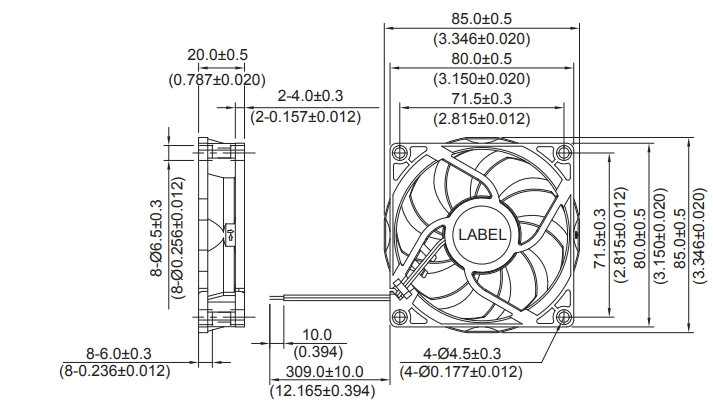 Габаритные размеры вентилятора охлаждения AFB08512HHD-F00 Delta Electronics Габаритные размеры вентилятора охлаждения AFB08512HHD-F00 Delta Electronics