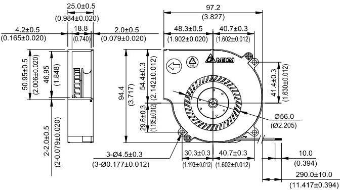 Габаритные размеры радиального вентилятора охлаждения BCB1012EH-F00 Delta Electronics Габаритные размеры радиального вентилятора охлаждения BCB1012EH-F00 Delta Electronics