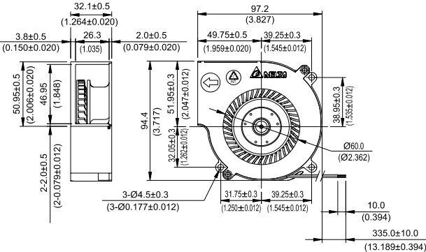 Габаритные размеры радиального вентилятора охлаждения BCB1012UHF-F00 Delta Electronics Габаритные размеры радиального вентилятора охлаждения BCB1012UHF-F00 Delta Electronics