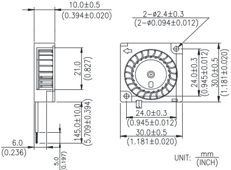 Габаритные размеры радиального вентилятора охлаждения BFB0305HHA-CF00 Delta Electronics Габаритные размеры радиального вентилятора охлаждения BFB0305HHA-CF00 Delta Electronics