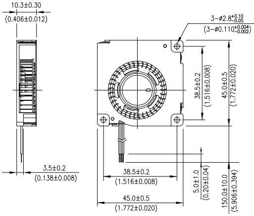 Габаритные размеры радиального вентилятора охлаждения BFB04512HHA-DV52 Delta Electronics Габаритные размеры радиального вентилятора охлаждения BFB04512HHA-DV52 Delta Electronics