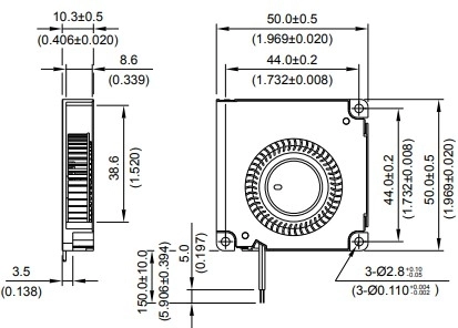 Габаритные размеры радиального вентилятора охлаждения BFB0505MA-C Delta Electronics Габаритные размеры радиального вентилятора охлаждения BFB0505MA-C Delta Electronics