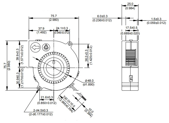 Габаритные размеры радиального вентилятора охлаждения BFB0712M-AF00 Delta Electronics Габаритные размеры радиального вентилятора охлаждения BFB0712M-AF00 Delta Electronics
