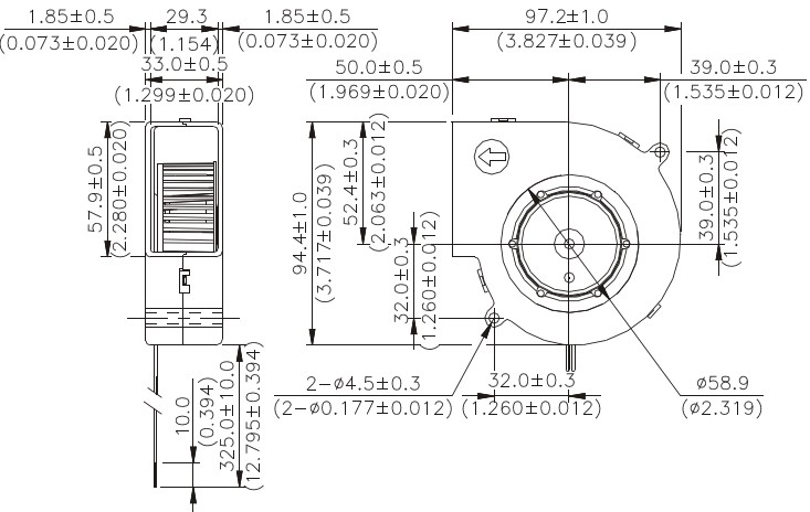 Габаритные размеры радиального вентилятора охлаждения BFB1012EH-A Delta Electronics