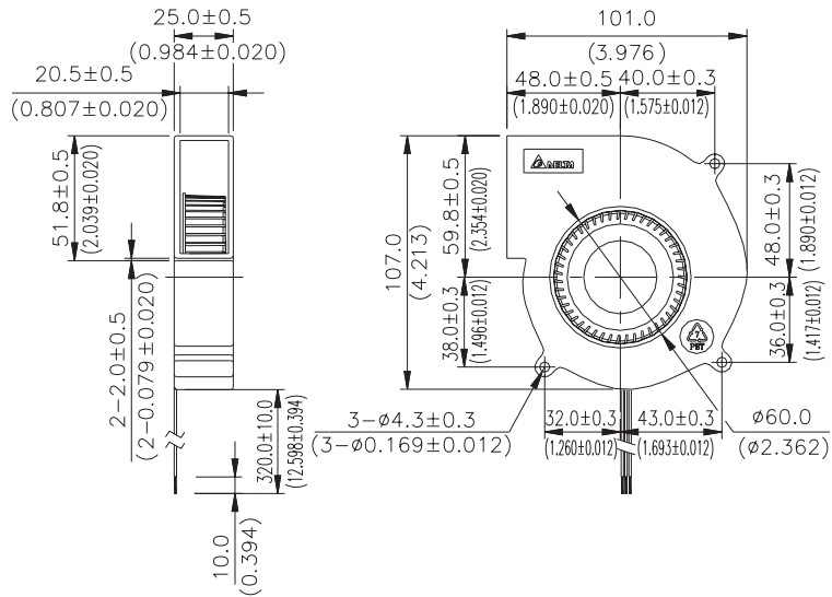 Габаритные размеры радиального вентилятора охлаждения BFB1112H-R00 Delta Electronics