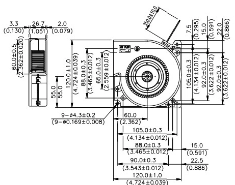 Габаритные размеры радиального вентилятора охлаждения BFB1224GH-A Delta Electronics Габаритные размеры радиального вентилятора охлаждения BFB1224GH-A Delta Electronics