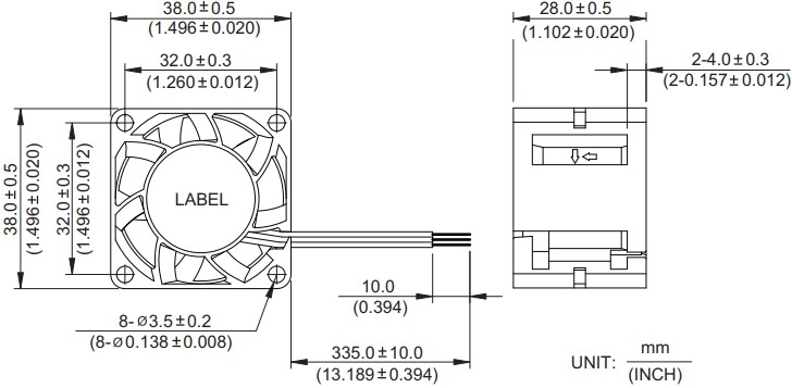 Габаритные размеры вентилятора охлаждения FFB03812LN-R00 Delta Electronics Габаритные размеры вентилятора охлаждения FFB03812LN-R00 Delta Electronics