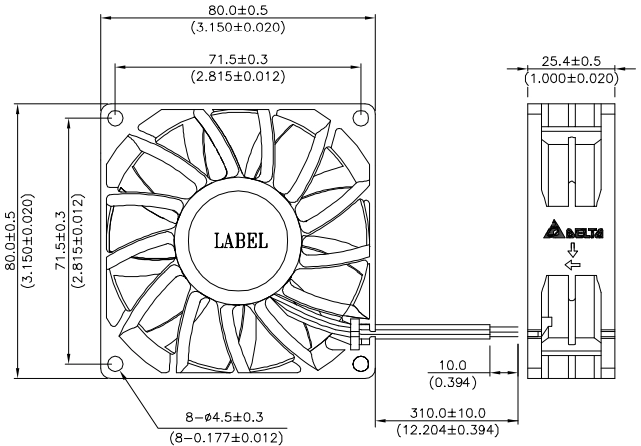 Габаритные размеры вентилятора охлаждения FFB0812SH-RR0 Delta Electronics Габаритные размеры вентилятора охлаждения FFB0812SH-RR0 Delta Electronics