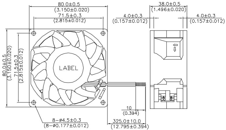 Габаритные размеры вентилятора охлаждения FFB0824EHE-R00 Delta Electronics Габаритные размеры вентилятора охлаждения FFB0824EHE-R00 Delta Electronics