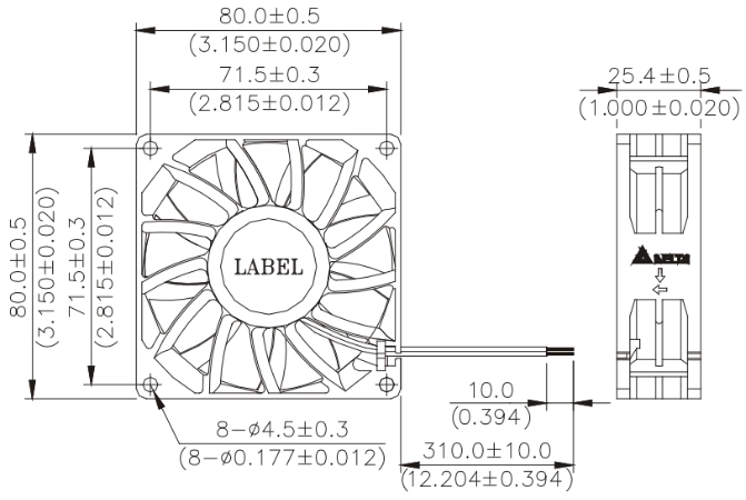 Габаритные размеры вентилятора охлаждения FFB0824SH-TZW1 Delta Electronics Габаритные размеры вентилятора охлаждения FFB0824SH-TZW1 Delta Electronics