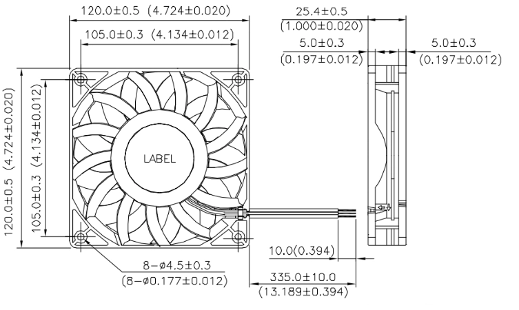 Габаритные размеры вентилятора охлаждения FFB1212VH-F00 Delta Electronics