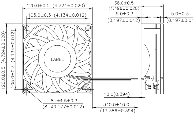 Габаритные размеры вентилятора охлаждения FFB1212VHE-R00 Delta Electronics