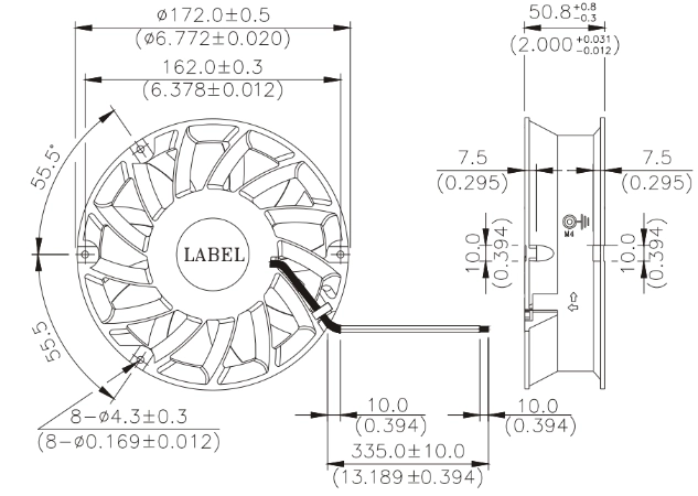 Габаритные размеры вентилятора охлаждения FFB1748HHG-F00 Delta Electronics Габаритные размеры вентилятора охлаждения FFB1748HHG-F00 Delta Electronics