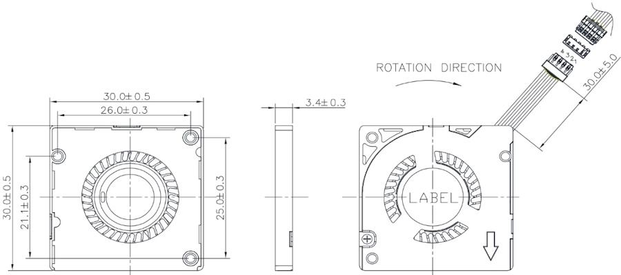 Габаритные размеры радиального вентилятора охлаждения KDB0305HA3-00 Delta Electronics