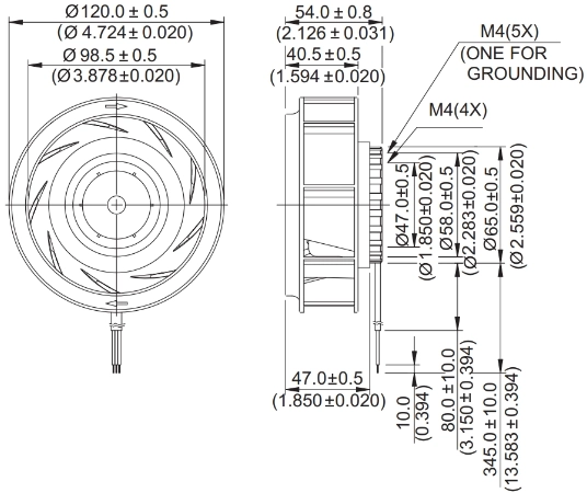 Габаритные размеры радиального вентилятора охлаждения KFB1248EHS Delta Electronics Габаритные размеры радиального вентилятора охлаждения KFB1248EHS Delta Electronics