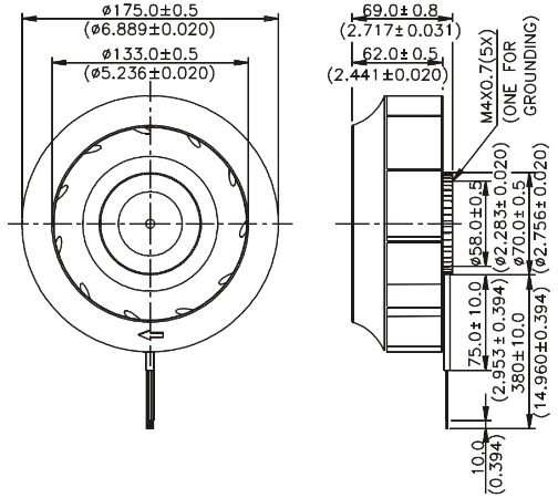Габаритные размеры радиального вентилятора охлаждения KFB1748VHT-R00 Delta Electronics Габаритные размеры радиального вентилятора охлаждения KFB1748VHT-R00 Delta Electronics