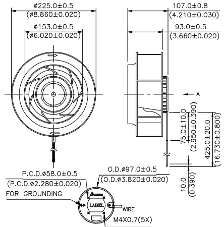 Габаритные размеры радиального вентилятора охлаждения KFB2348HHV-R00 Delta Electronics Габаритные размеры радиального вентилятора охлаждения KFB2348HHV-R00 Delta Electronics