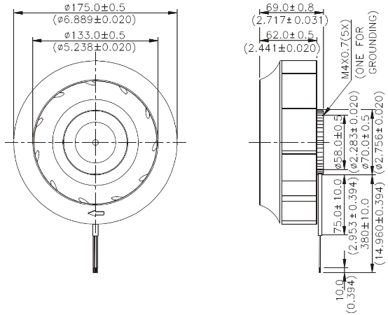 Габаритные размеры радиального вентилятора охлаждения KHB1748HT-R00 Delta Electronics Габаритные размеры радиального вентилятора охлаждения KHB1748HT-R00 Delta Electronics