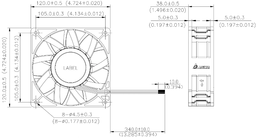 Габаритные размеры вентилятора охлаждения PFB1224UHE-R00 Delta Electronics