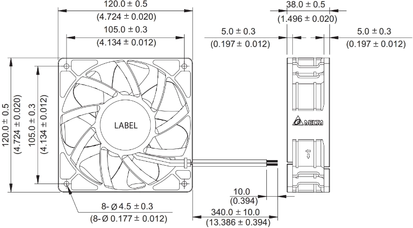 Габаритные размеры вентилятора охлаждения QFR1224GHE-SP01 Delta Electronics Габаритные размеры вентилятора охлаждения QFR1224GHE-SP01 Delta Electronics