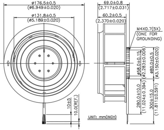 Габаритные размеры радиального вентилятора охлаждения TCA1748BT-00P8 Delta Electronics