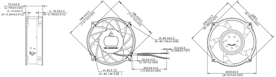 Габаритные размеры вентилятора охлаждения THD2048HT Delta Electronics