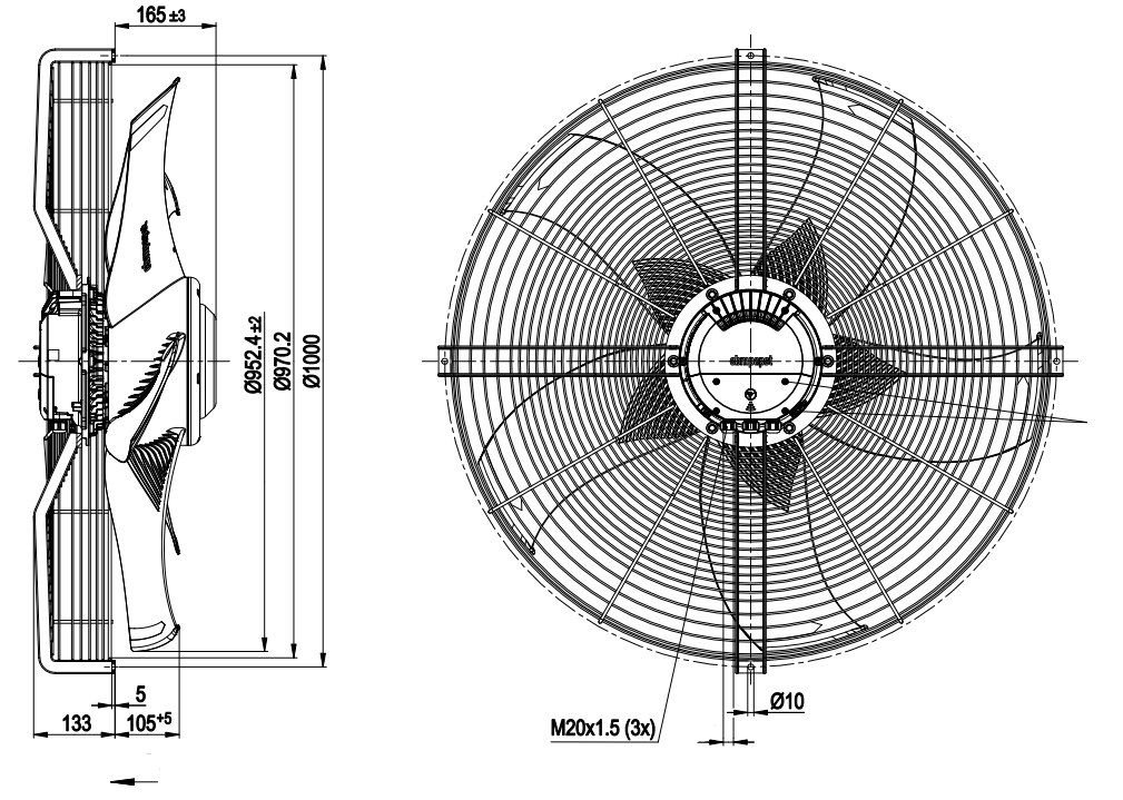 Габариты и монтаж вентилятора S3G910-KV12-03 Ebmpapst Габариты и монтаж вентилятора S3G910-KV12-03 Ebmpapst