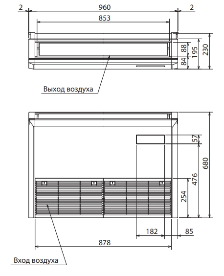 Габаритные размеры внутреннего блока PCA-M50KA2
