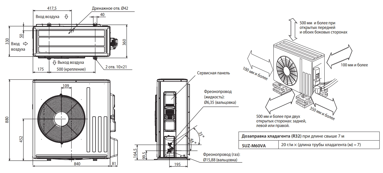 Габаритные размеры внешнего блока SUZ-M60VA