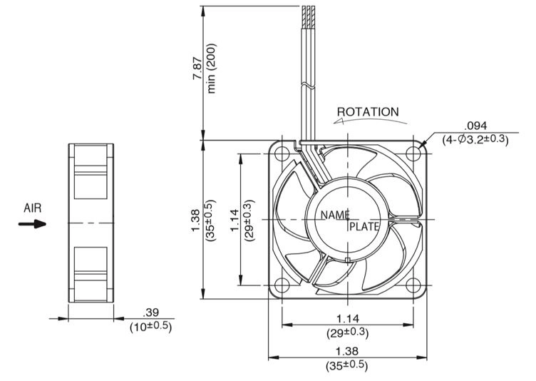 Габаритные размеры осевого вентилятора 03510SS-05M-AL-00 NMB axial fan