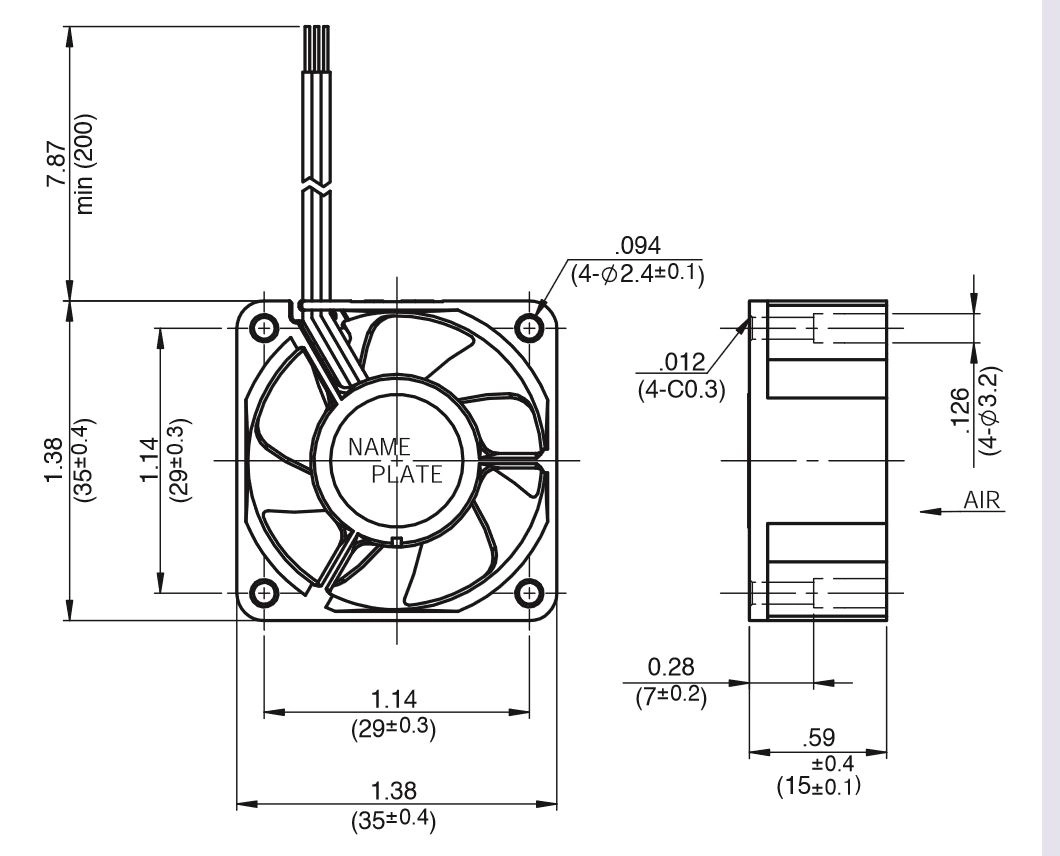 Габаритные размеры осевого вентилятора 03510SS-12N-AT-00 NMB axial fan Габаритные размеры осевого вентилятора 03510SS-12N-AT-00 NMB axial fan