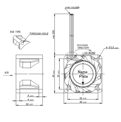 Габаритные размеры осевого вентилятора 04028DE-12P-ZUK-2 NMB axial fan Габаритные размеры осевого вентилятора 04028DE-12P-ZUK-2 NMB axial fan