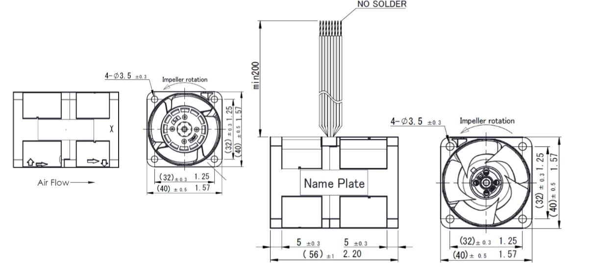 Габаритные размеры осевого вентилятора 04056EA-12R-EUB-2 NMB axial fan