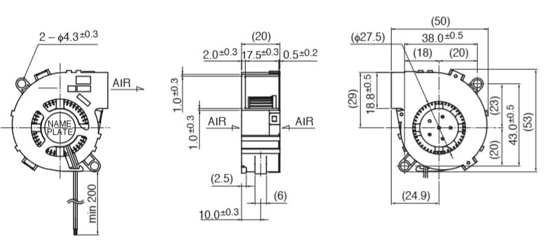 Габаритные размеры радиального вентилятора 05020GA-05L-AA-00 NMB Technologies