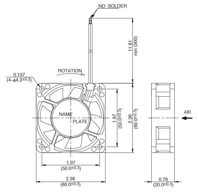 Габаритные размеры осевого вентилятора 06020VA-24Q-AAS-0 NMB axial fan Габаритные размеры осевого вентилятора 06020VA-24Q-AAS-0 NMB axial fan