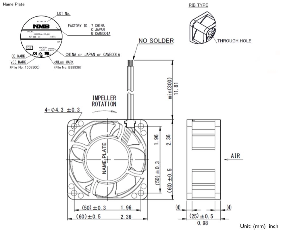 Габаритные размеры осевого вентилятора 06025DA-12R-AU-02 NMB axial fan
