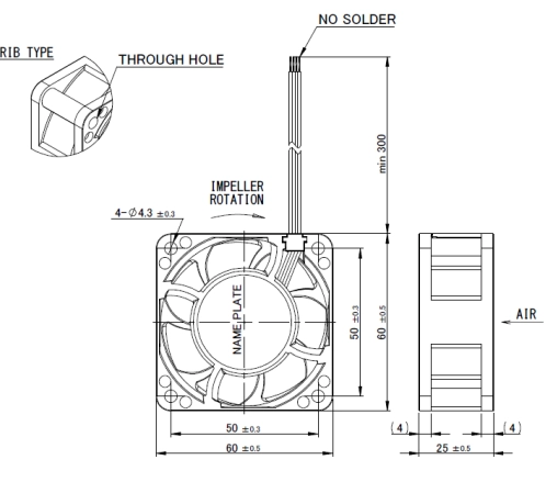 Габаритные размеры осевого вентилятора 06025DE-12R-CU-06 NMB axial fan Габаритные размеры осевого вентилятора 06025DE-12R-CU-06 NMB axial fan