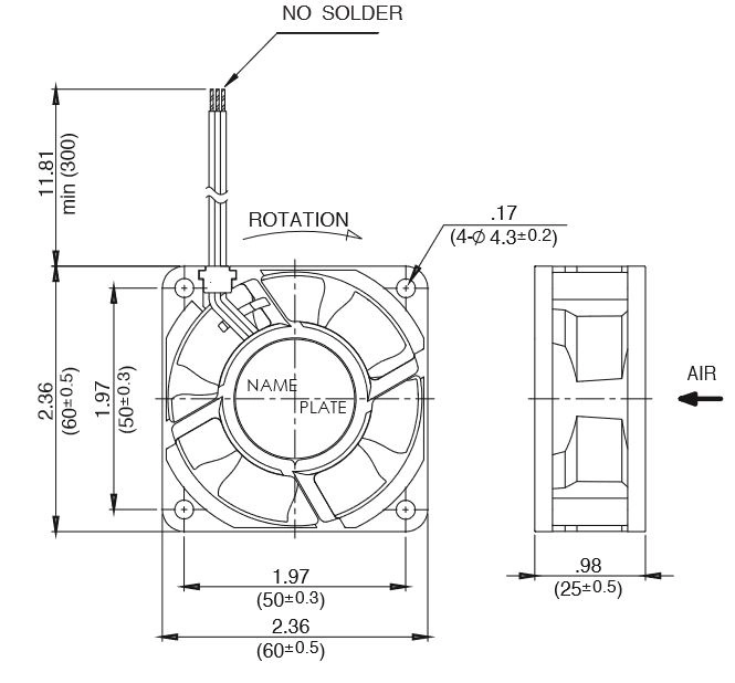 Габаритные размеры осевого вентилятора 06025SS-12N-AT-D0 NMB axial fan