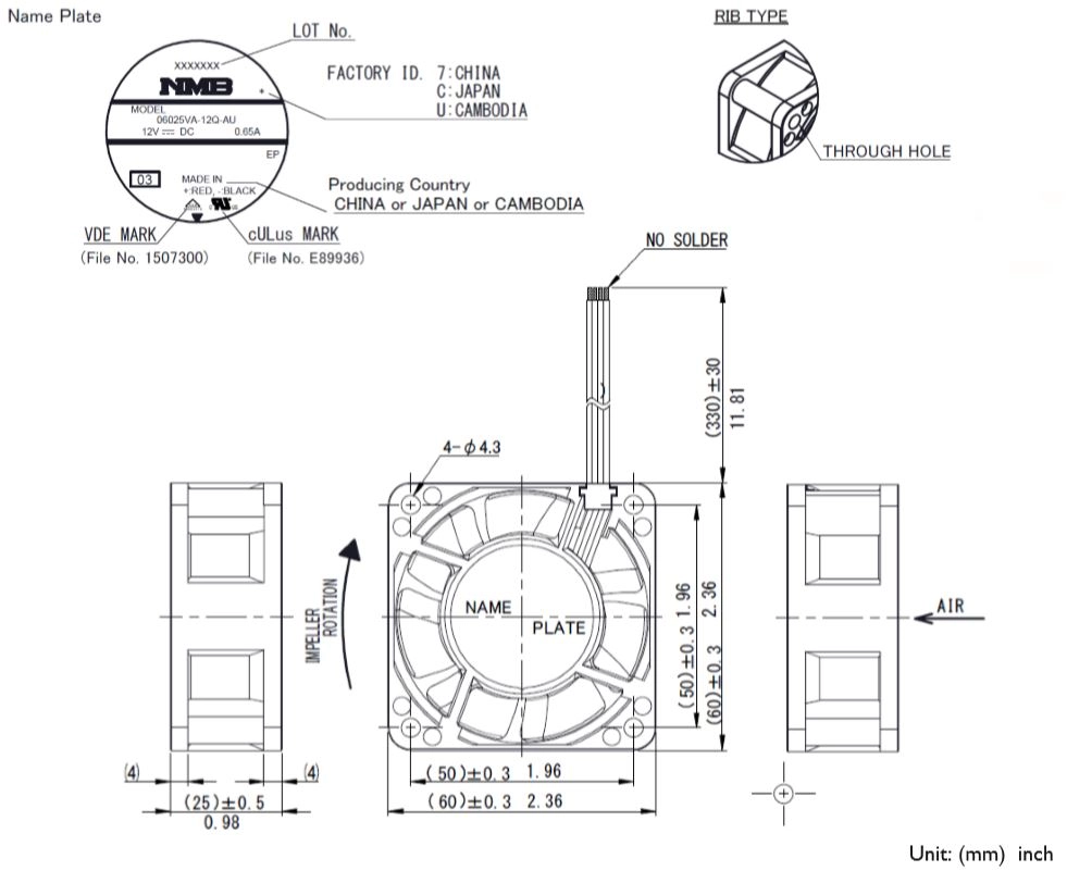 Габаритные размеры осевого вентилятора 06025VA-12Q-AU-03 NMB axial fan