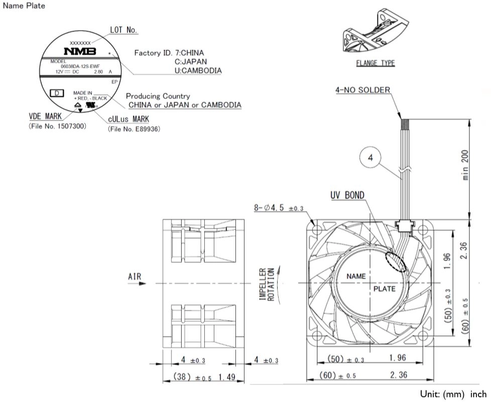Габаритные размеры осевого вентилятора 06038DA-12S-EWF-D NMB axial fan Габаритные размеры осевого вентилятора 06038DA-12S-EWF-D NMB axial fan