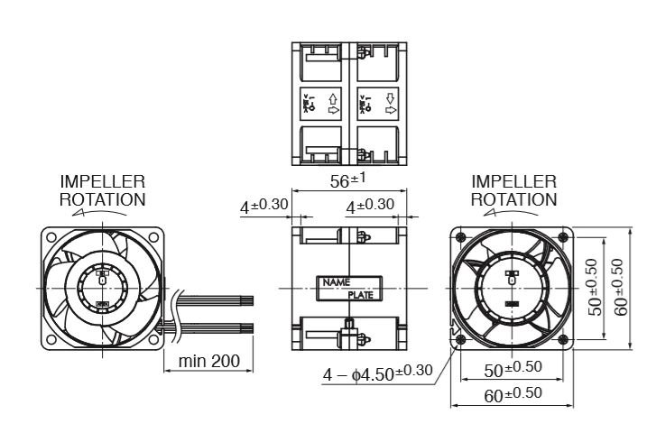Габаритные размеры осевого вентилятора 06056EA-12R-WW-00 NMB axial fan Габаритные размеры осевого вентилятора 06056EA-12R-WW-00 NMB axial fan
