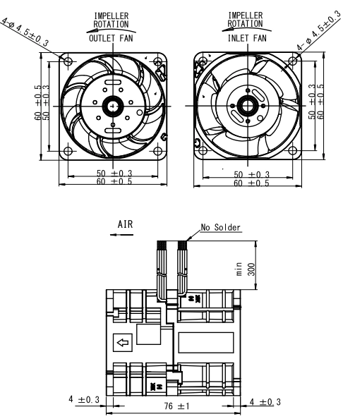 Габаритные размеры осевого вентилятора 06076EA-12S-E6-0C NMB axial fan